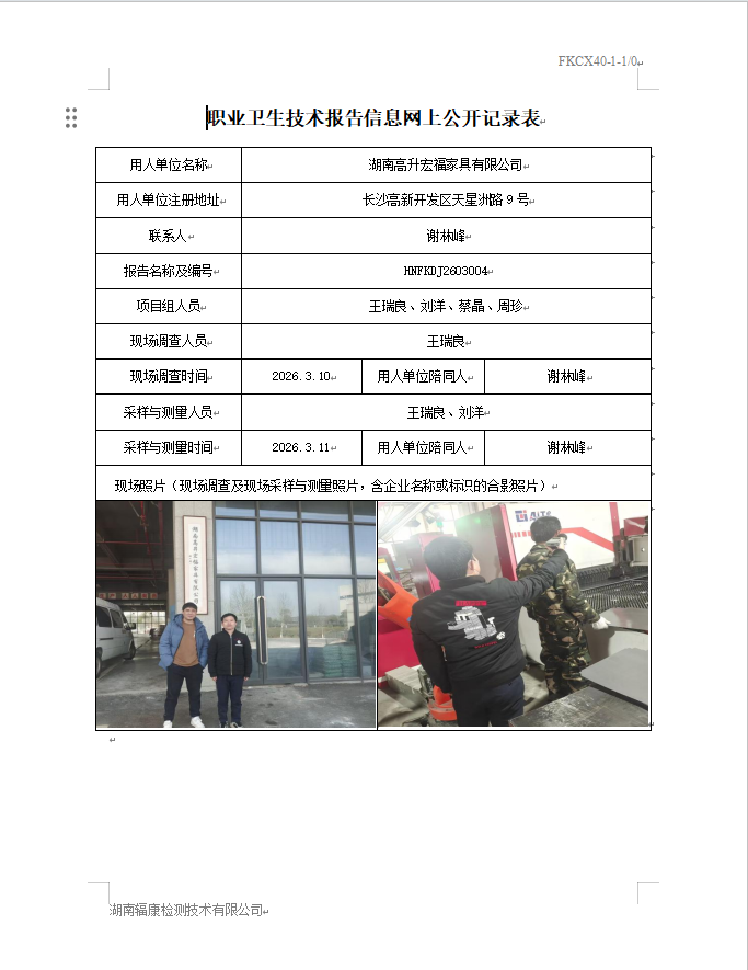 湖南高升宏福家具有限公司定期检测