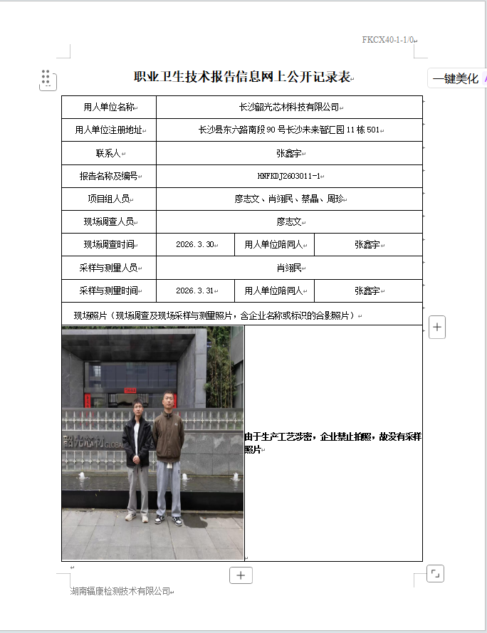 长沙韶光芯材科技有限公司定期检测报告