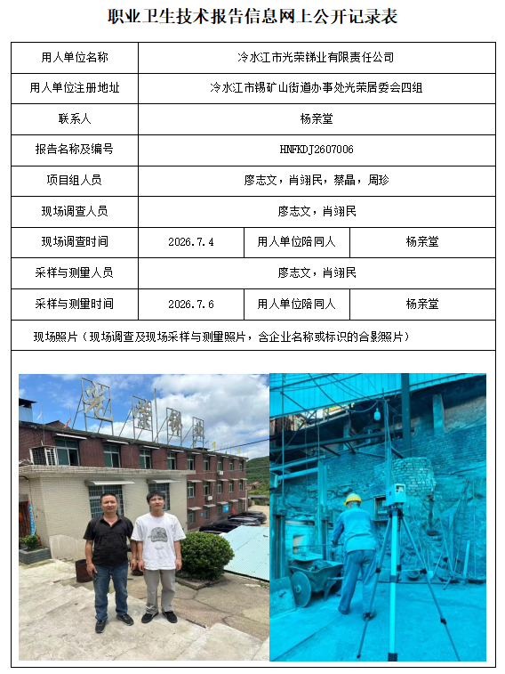 冷水江市光荣锑业有限责任公司职业病危害因素检测报告
